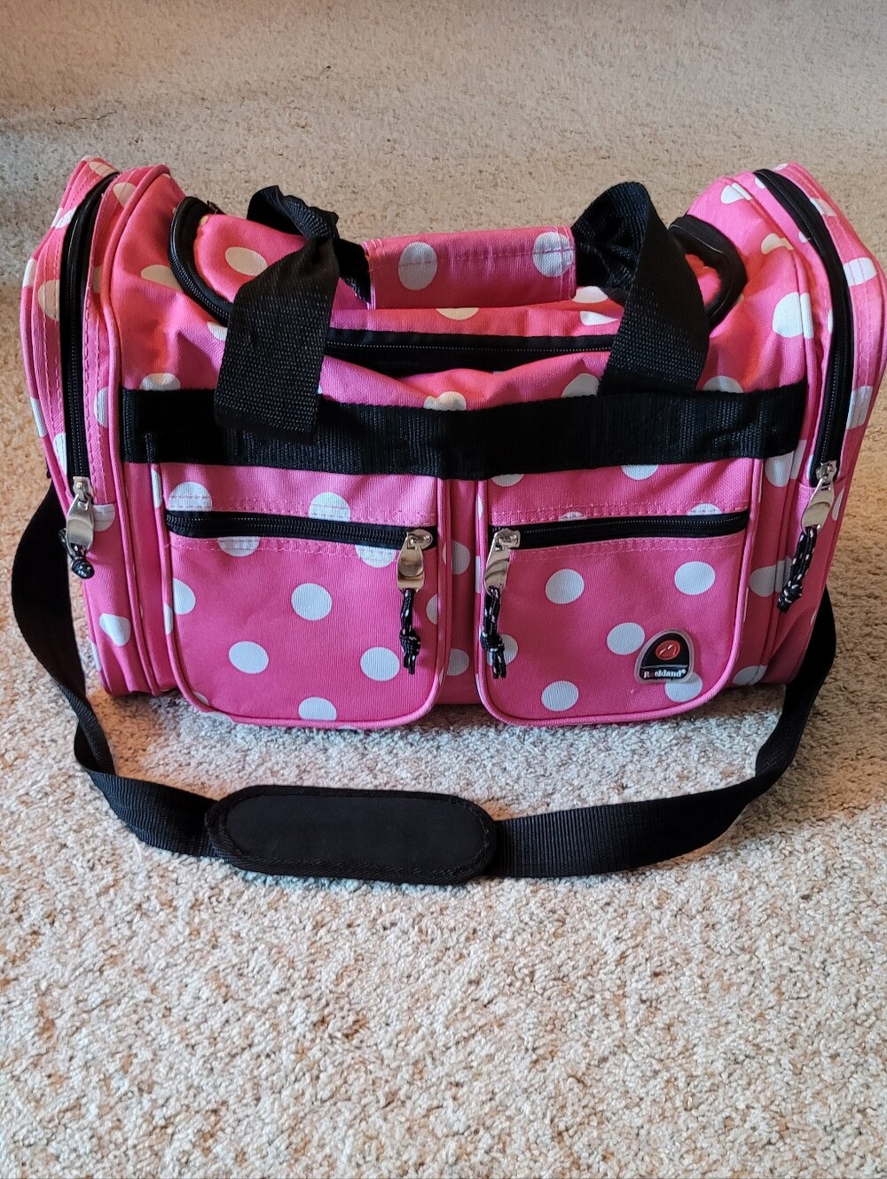 Pink & White Polka Dots, Overnight Bag 2 Front Zip Pockets, 2 Side Zip Pockets